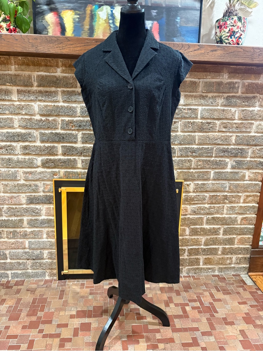 Calvin Klein Black Eyelet Cap Sleeve Midi Shirt Dress